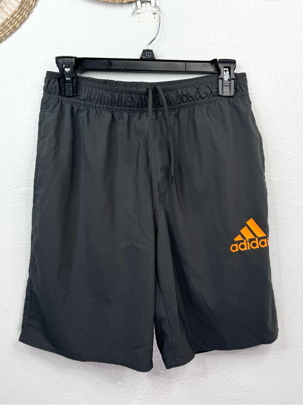 adidas Swim Shorts Mens Small Gray Orange Logo Drawstring Mesh Lined FLAW